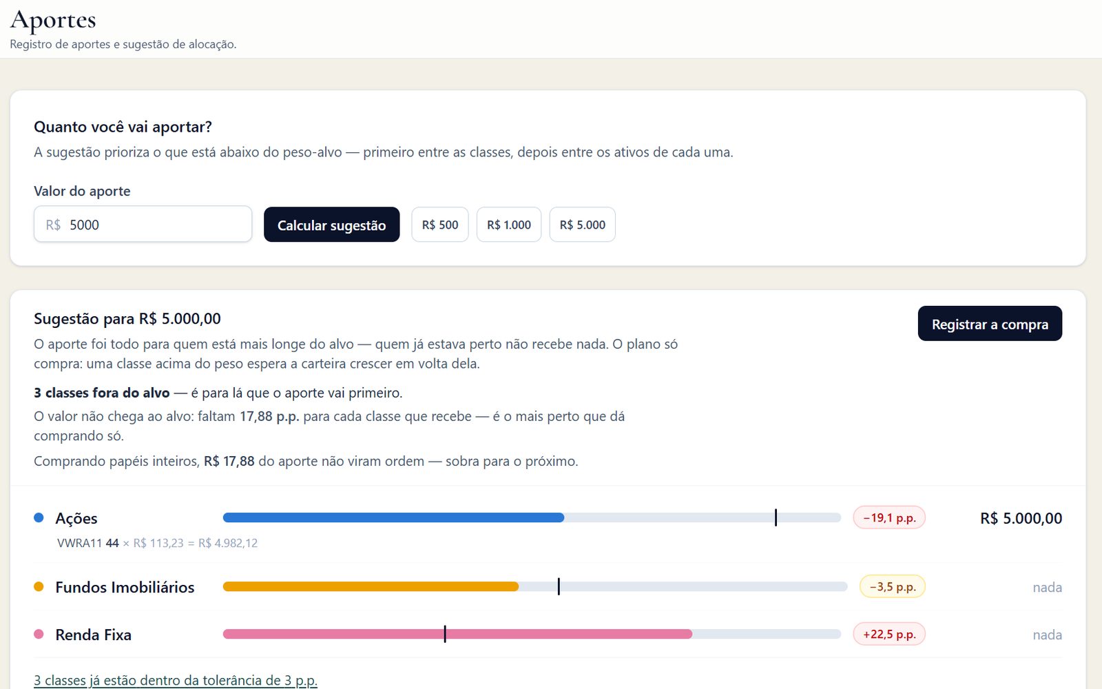 Tela de Aportes do WealthFlow
